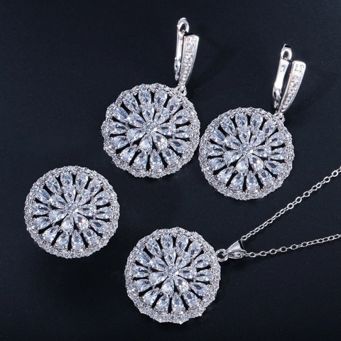Luxe Koper Zirconia Bloem Sieradenset Voor Vrouwen Zonnebloem Ketting Oorbellen Ring Verzilverd Bruid Bruiloft Feest Sieraden