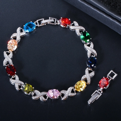 Luxury Copper Zirconia Bracelet Multi-Color Oval Cut Gemstones XO Link Chain Electroplated Jewelry For Wedding Banquet Party