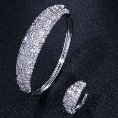 Luxe Koper Zirkonia Armband En Ring Sieradenset Vrouwen Micro Pave Baguette Slijpvorm Hip Hop Mode Feest Accessoire