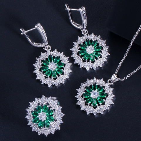 Luxe Koper AAA Zirkonia Bloem Sieradenset Met 925 Sterling Zilver Stift Oorbellen Ketting Ring Voor Dames Huwelijk Feest