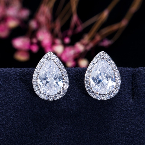 Boucles D'oreilles Puces En Forme De Poire Goutte D'eau Cuivre Avec Halo Oxyde De Zirconium Strass Accessoire Mode Femme