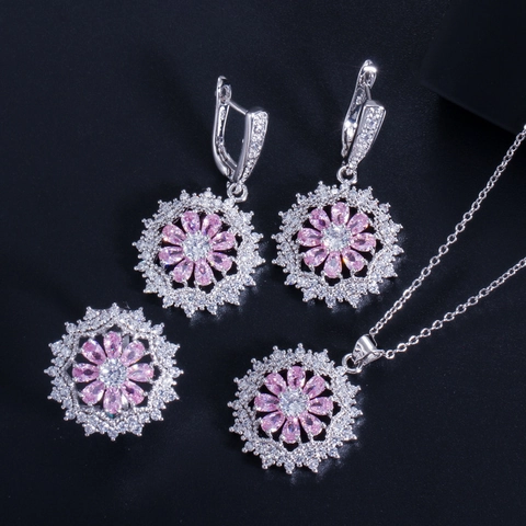 Luxe Koper AAA Zirkonia Bloem Sieradenset Met 925 Sterling Zilver Stift Oorbellen Ketting Ring Voor Dames Huwelijk Feest