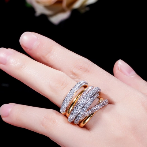 Old Money Luxuriös Kupfer Zweifarbig Galvanisiert Geometrisch Mehrreihig Strass Breit Mehrschichtig Offen Statement Ring Für Damen Schmuck Geschenk