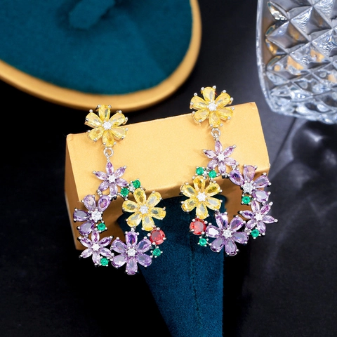 Luxury Copper Zirconia Flower Cluster Drop Earrings With 925 Sterling Silver Earring Post For Wedding Party Women Jewelry
