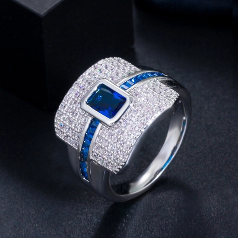 Luxe Koperen Zirkonia Ring Voor Vrouwen Vierkante Blauw Groen Wit Hoofdsteen Pave Strass Band Mode Sieraden Ring