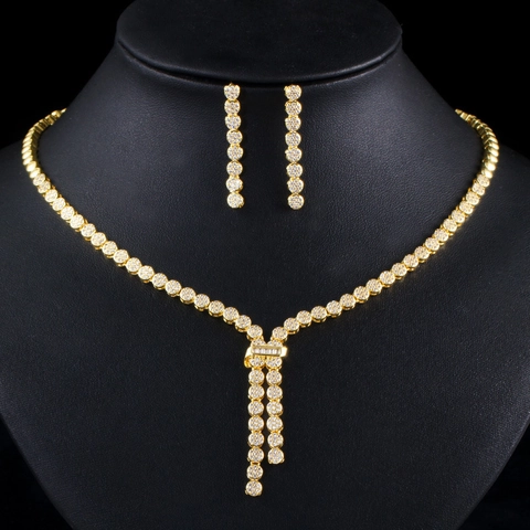 Luxury Gold Plated Copper Jewelry Set With AAA Zircon Necklace And Dangle Earrings For Wedding Bridal Party Women