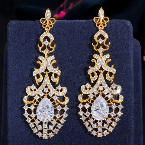 Pendientes Colgantes de Lujo de Cobre y Zirconia en Gota de Agua Barroco Hueco Joyería Larga de Novia Boda