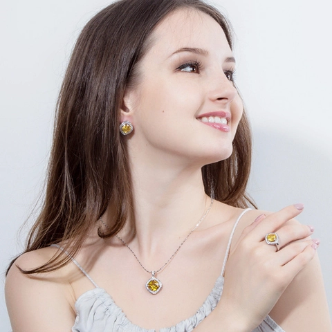 Luxe Koper Cushion Cut Zirconia Sieradenset Halo Vierkant Ketting Oorbellen Ring Voor Dames Elegant Bruiloft Feest Sieraden