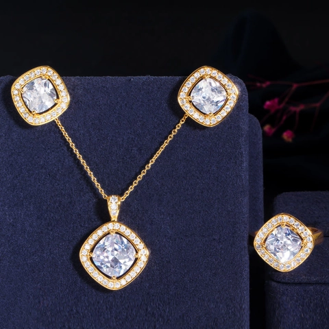 Luxe Koper Cushion Cut Zirconia Sieradenset Halo Vierkant Ketting Oorbellen Ring Voor Dames Elegant Bruiloft Feest Sieraden