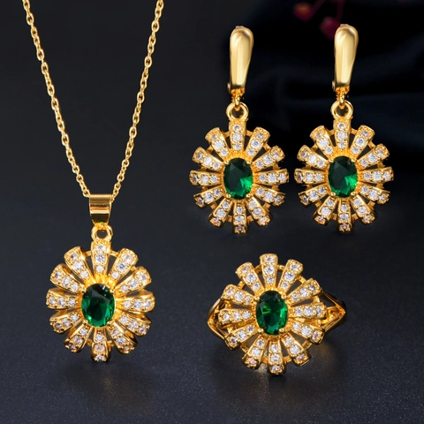 Luxe Koperen Zirconia Zonnebloem Sieradenset Voor Bruid Bruidsmeisje Bruiloft Banket Feest Vrouwen Ketting Oorbellen Ring