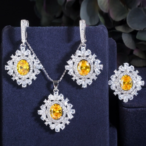 Luxe Koper Zirkonia Bloem Sieradenset Met Ketting Oorbellen En Ring Voor Dames Bruiloft Feest Elegante Accessoires