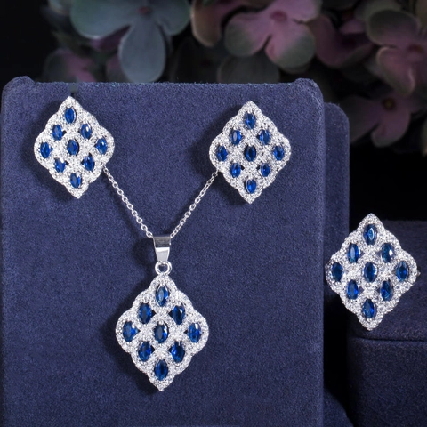 Luxe Koper Zirkonia Marquise Ruit Ketting Oorbellen Ring Sieraden Set Goud Wit Verguld Vrouwen Bruiloft Feest Sieraden