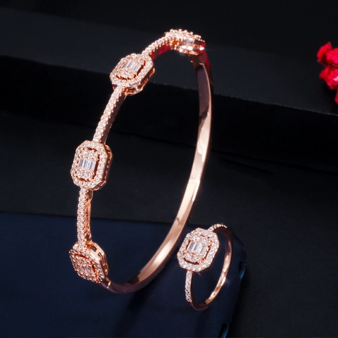 Luxe Koperen Zirconia Sieradenset Geometrische Armband En Ring Goud Roségoud Platina Verguld Micro Pavé Vrouwen Sieraden