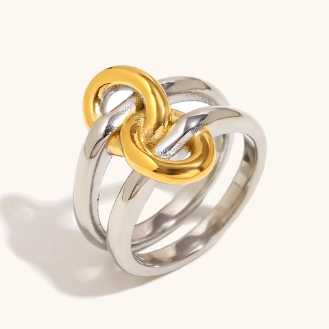 Minimalist Stainless Steel Double Layer Knot Ring 18K Gold Plated Two Tone Interlocking Band Ring For Women Fashion Jewelry