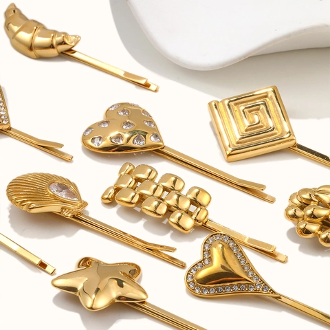 Fermaglio per Capelli Geometrico in Acciaio Inossidabile Placcato Oro 18K per Donna Moda Goccia d'Acqua Cuore Fiore Conchiglia Strass Accessori per Capelli