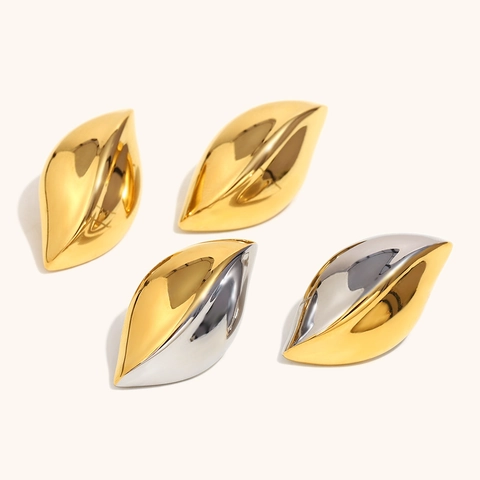 Pendientes de Botón de Hoja Geométrica de Acero Inoxidable Elegantes Franceses Chapados en Oro de Dieciocho Quilates Bicolores Pulidos Espejo para Mujer