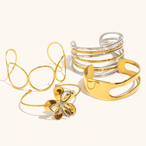 Stainless Steel Open Cuff Bangle For Women Gold Silver Plated Flower Geometric Circle Layered Minimalist Jewelry Gift
