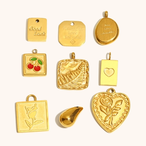 18K Gold Plated Stainless Steel Pendant Cherry Heart Rose Engraved Charm For DIY Jewelry Making Accessories For Women