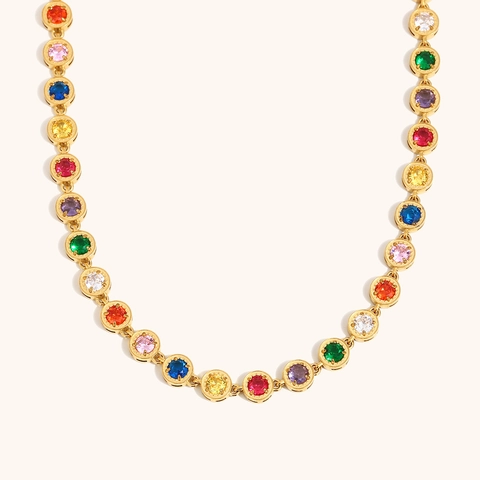Collana e Bracciale in Acciaio Inossidabile Placcato Oro 18K con Zirconi Rotondi per Donna Gioielli in Zirconia Cubica Arcobaleno