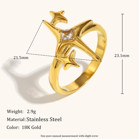 Anello in Acciaio Inossidabile con Zirconia Stella Polare Placcato Oro 18K Gioiello Minimalista Geometrico per Donna
