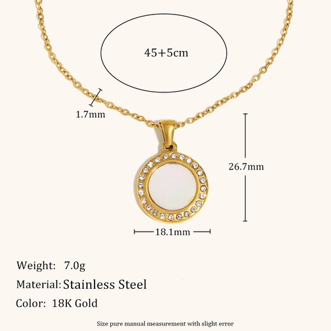 Damen Luxus 18K Vergoldet Edelstahl Rund Muschel Anhänger Halskette Strass Eingelegt Kreisförmige Muschel Halskette Schmuck Geschenk