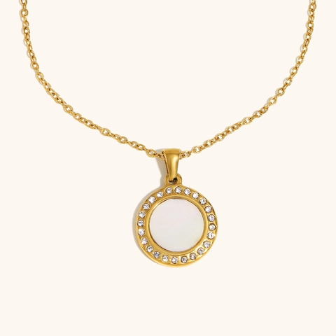 Damen Luxus 18K Vergoldet Edelstahl Rund Muschel Anhänger Halskette Strass Eingelegt Kreisförmige Muschel Halskette Schmuck Geschenk