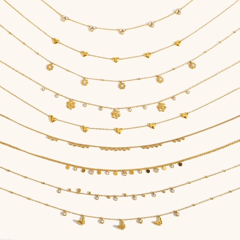 Collar de Acero Inoxidable Chapado en Oro 18K para Mujer Colgante de Corazón Flor Mariposa Cadena de Zirconia Joyería Estilo Francés