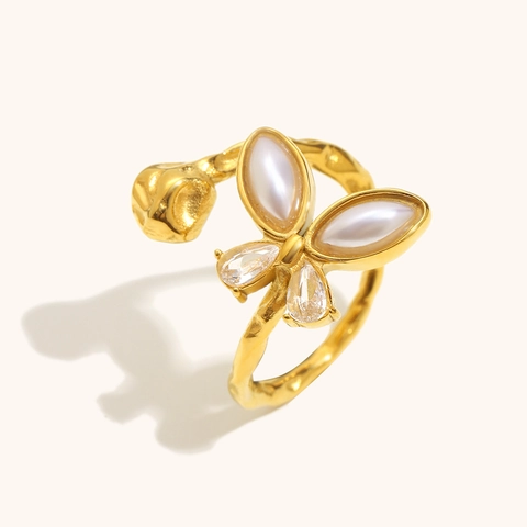 Edelstahl Künstliche Perle Strass Schmetterling Offener Ring Für Damen 18K Vergoldet Minimalistischer Verstellbarer Schmuck Fingerring