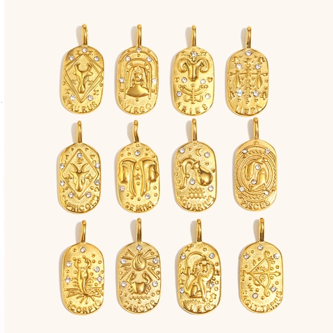 Ciondolo Zodiacale Minimalista in Acciaio Inossidabile Placcato Oro 18K Moneta Ovale Strass Gioiello Costellazione