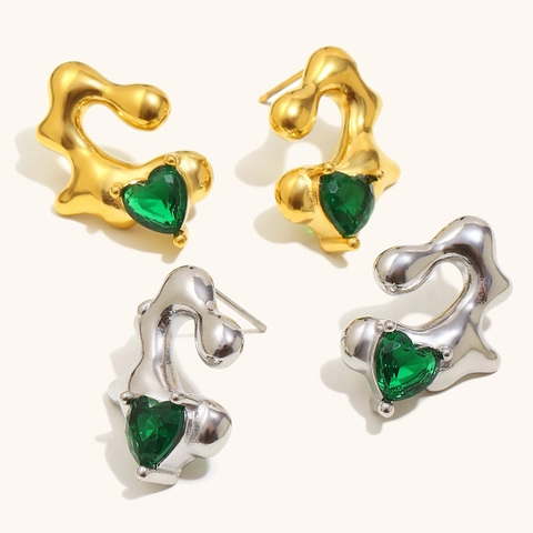 Unregelmäßige Geschmolzene Herz Ohrstecker Für Damen Edelstahl Grün Strass Französische Nische Ästhetischer Schmuck Geschenk