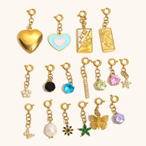 Colgantes de Cierre de Resorte de Acero Inoxidable Chapados en Oro con Circonitas y Esmalte para Joyería DIY Corazón Estrella Tarot Fuerza Luna Sol Mariposa Flor