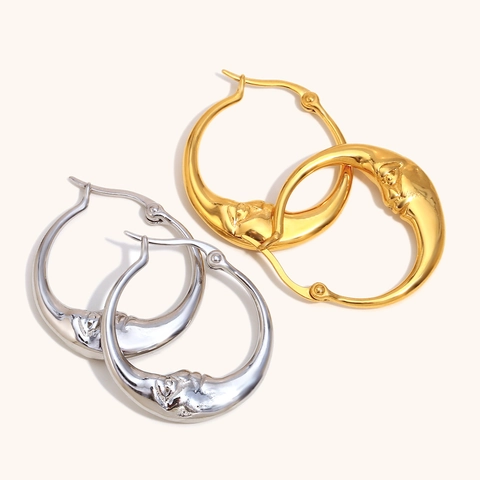 Vintage Stainless Steel Abstract Moon Face Hoop Earrings 18K Gold Plated Hypoallergenic Waterproof Fashion Jewelry For Women