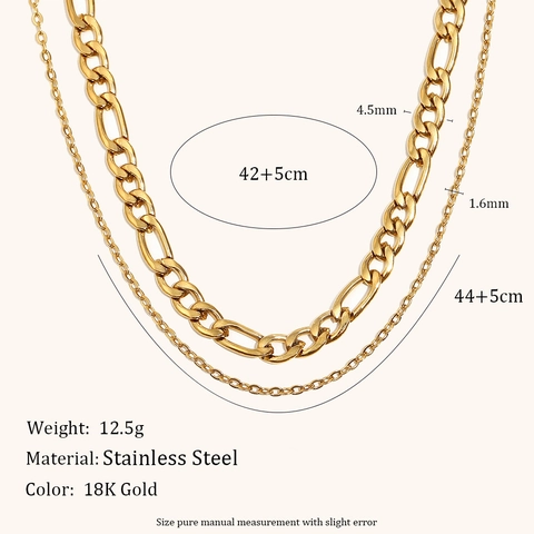 Minimalist Stainless Steel Double Layered Necklace For Women 18K Gold Plated Figaro Chain Jewelry Lightweight Trendy Neck Decoration Gift
