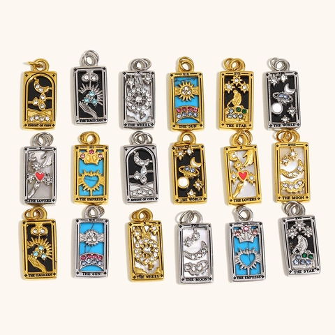 Ciondolo Tarocchi in Acciaio Inossidabile Placcato Oro 18K Vintage Rettangolo Smalto Strass Sole Luna Imperatrice Collana