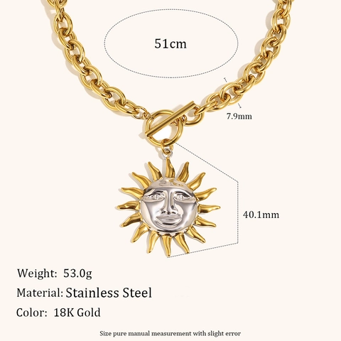 Vintage Stainless Steel Two Tone Sun Face Pendant Necklace For Women 18K Gold Plated Toggle Clasp Chunky O Chain Jewelry