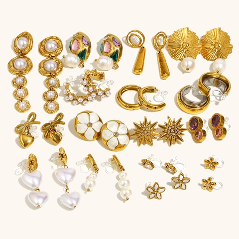 Pendientes de Clip de Acero Inoxidable Chapado en Oro 18K para Mujer Vintage Perla Artificial Strass Joyería Sin Agujero