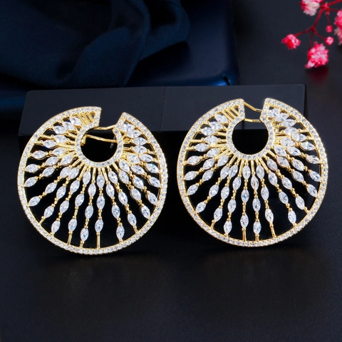 Luxe Koper Zirconia Grote Ronde Oorknopjes Voor Vrouwen Met 925 Sterling Zilver Stift Radiale Zonnestraal Statement Oorbellen Sieraden