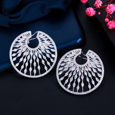 Luxe Koper Zirconia Grote Ronde Oorknopjes Voor Vrouwen Met 925 Sterling Zilver Stift Radiale Zonnestraal Statement Oorbellen Sieraden
