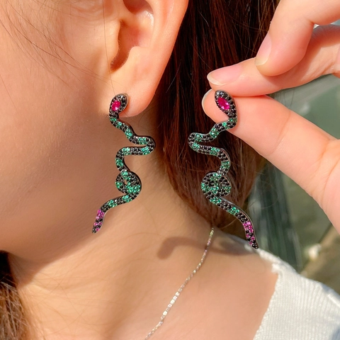 Luxury Gun Black Snake Dangle Earrings Micro Pave Zirconia Long Drop Earrings For Women Fashion Party Jewelry