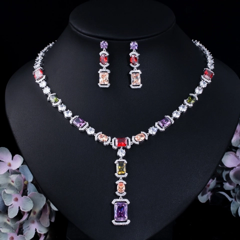 Luxury Copper Zirconia Jewelry Set For Women Wedding Banquet Necklace Earrings Set High Quality Sparkling Bridal Jewelry