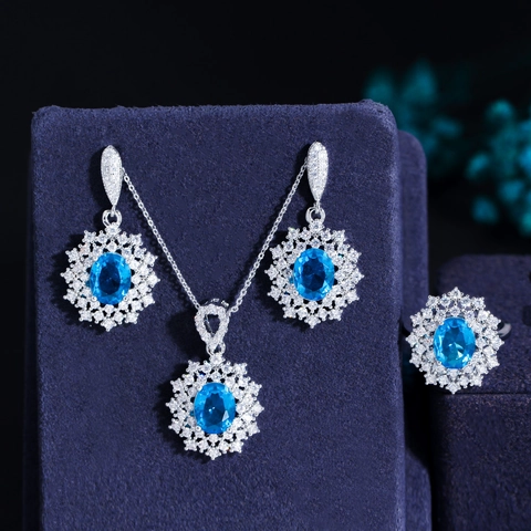 Luxurious Copper Zirconia Sunflower Necklace Earrings Ring Jewelry Collection For Wedding Banquet Party Women Accessories
