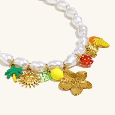 Stainless Steel Baroque Artificial Pearl Necklace With 18K Gold Plating Colorful Fruit Flower Strawberry Pendants Summer Jewelry