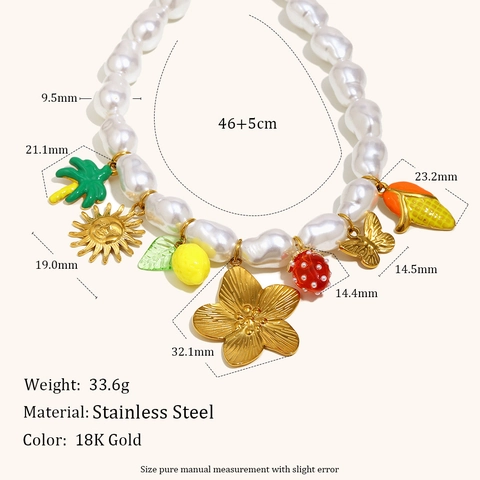 Stainless Steel Baroque Artificial Pearl Necklace With 18K Gold Plating Colorful Fruit Flower Strawberry Pendants Summer Jewelry