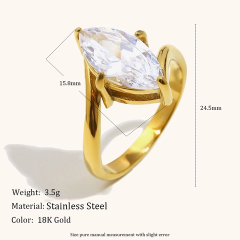 Anillo Oblicuo de Acero Inoxidable Chapado en Oro 18K Con Diamante de Imitación Transparente Talla Marquesa Para Mujer