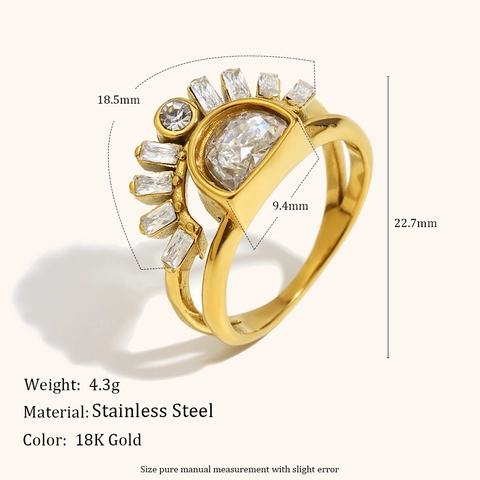 Anillo de Doble Capa de Sol de Acero Inoxidable Vintage para Mujer Chapado en Oro Strass Geométrico Joyería de Moda