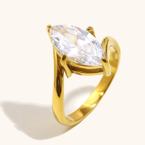 Anillo Oblicuo de Acero Inoxidable Chapado en Oro 18K Con Diamante de Imitación Transparente Talla Marquesa Para Mujer