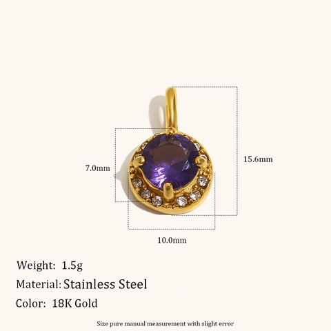 18K Gold Plated Stainless Steel Pendant Round Purple Black Zirconia Geometric Solid Barrel Bead Charm For Women Jewelry Making