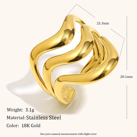 Minimalistischer Edelstahl 18K Vergoldeter Dreilagiger Wellen Open Ring Für Damen Verstellbarer Geometrischer Modeschmuck Ring