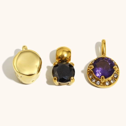 18K Gold Plated Stainless Steel Pendant Round Purple Black Zirconia Geometric Solid Barrel Bead Charm For Women Jewelry Making