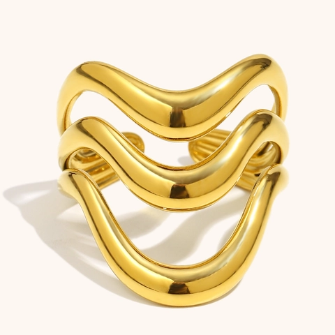 Minimalistischer Edelstahl 18K Vergoldeter Dreilagiger Wellen Open Ring Für Damen Verstellbarer Geometrischer Modeschmuck Ring